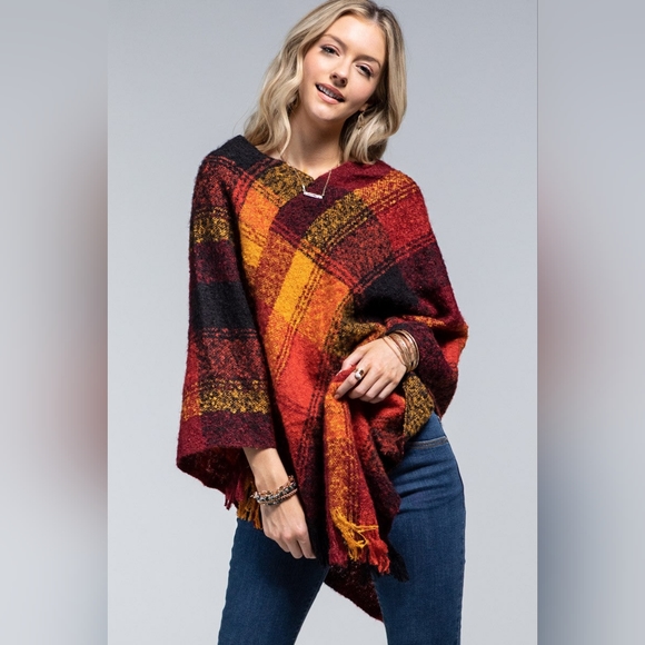 Poncho Plaid Pumpkin Spice - Boucle Yarn Dyed - Great Fall Colors - Soft & Warm - Picture 2 of 6